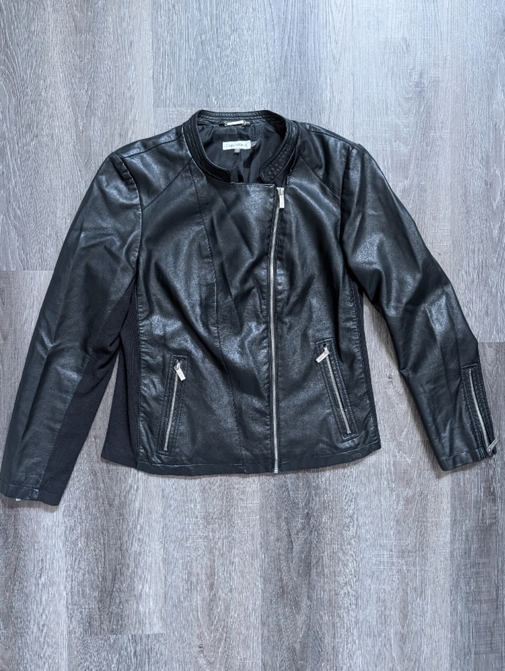 Calvin Klein Faux Leather Jacket XL Black Moto Zip Biker Style Womens